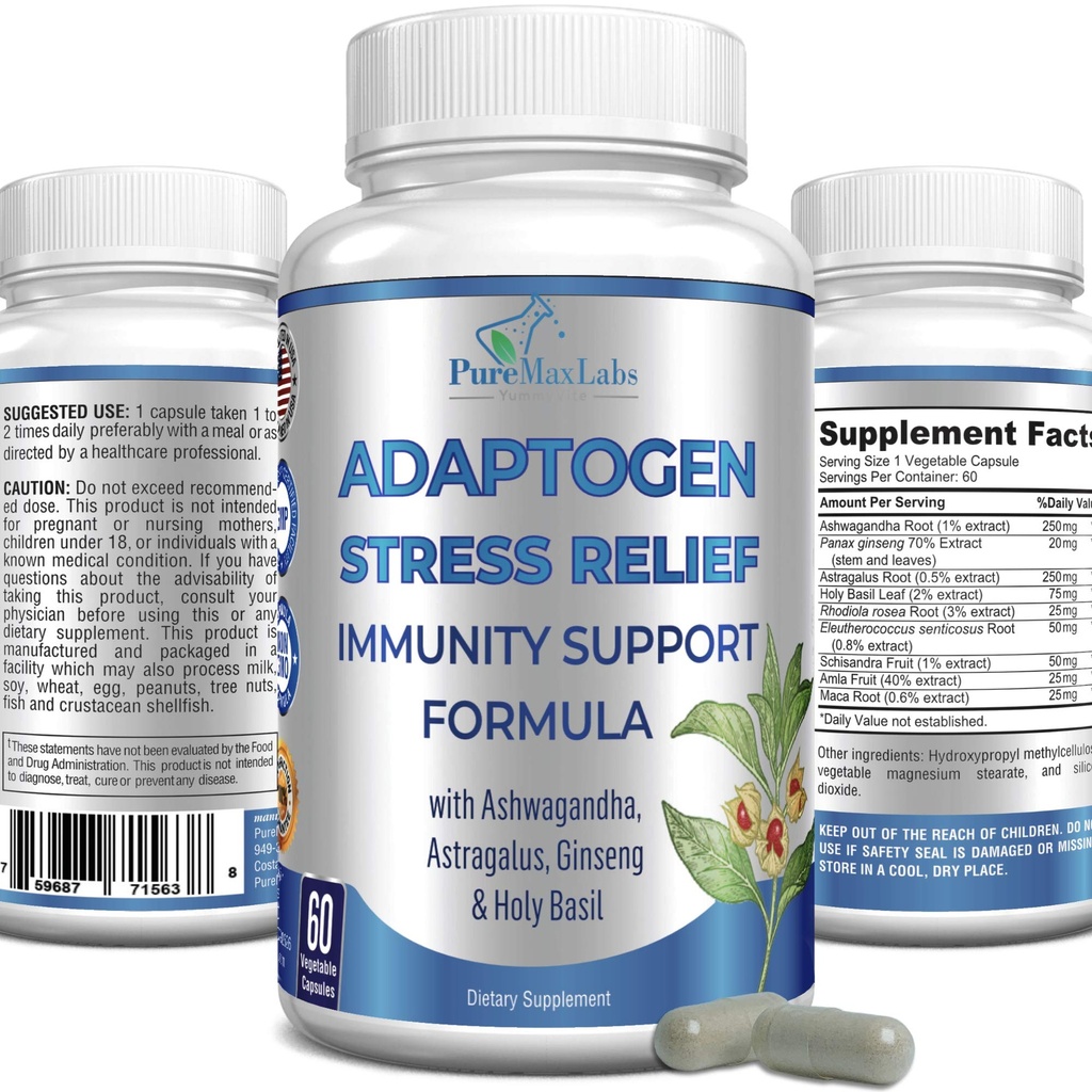 Adaptogen Stress Relief Imune Support Formula - Suporte Adaptogenico Adrenal com Ashwagandha, Astragalus, Ginseng, Holy Basil, Rhodiola, Amla, Maca, Schisandra, Non-GMO - 60 Cápsulas