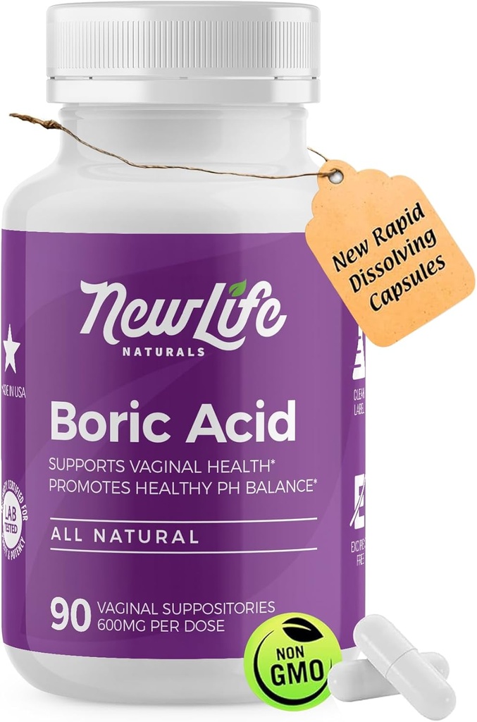 NewLife Naturals - Supositórios vaginais de ácido bórico grau médico - 600mg - 100% Pure Womens pH Balance Pills - Infecção de levedura, BV - 90 Cápsulas: Feito em EUA