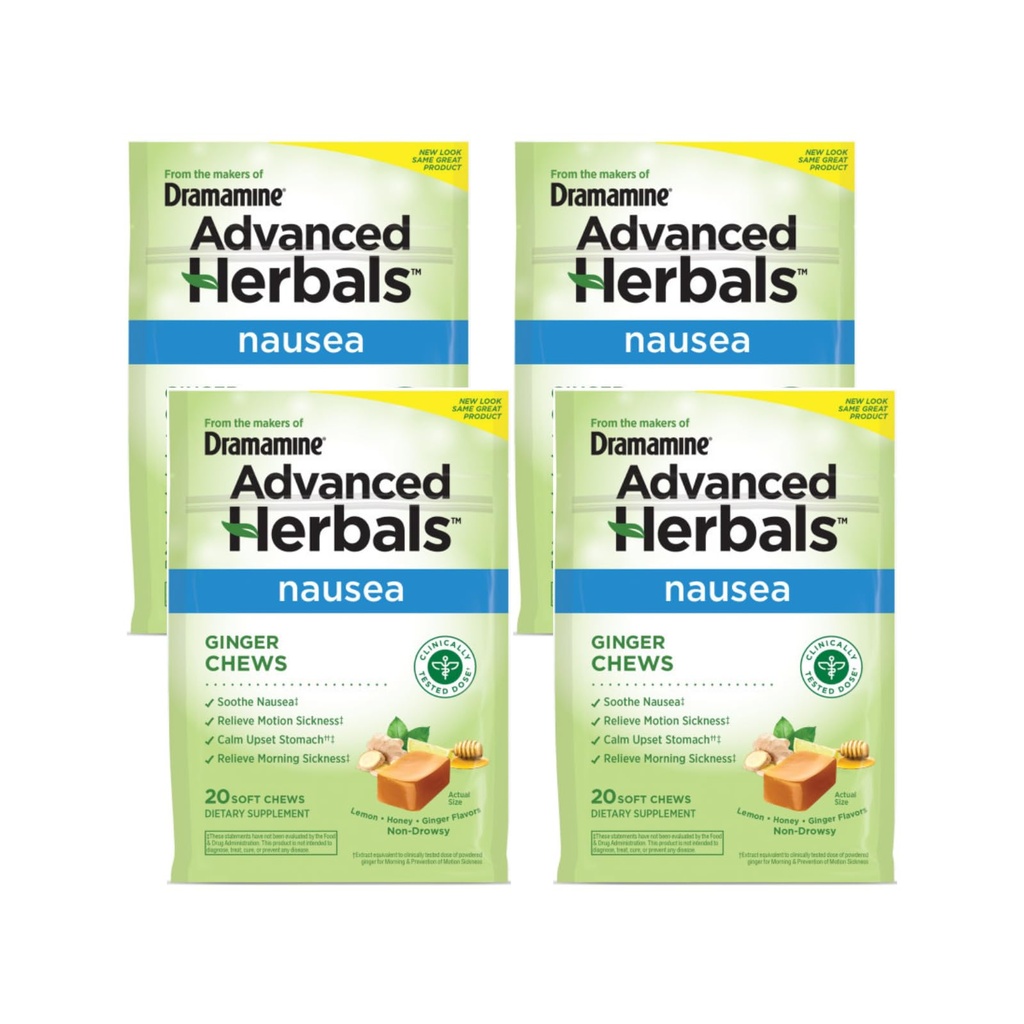 Dramamine Ginger Chews, Ajuda com Náusea, Lemon Honey Ginger Flavor, 20 Soft Chews (Pacote de 4)