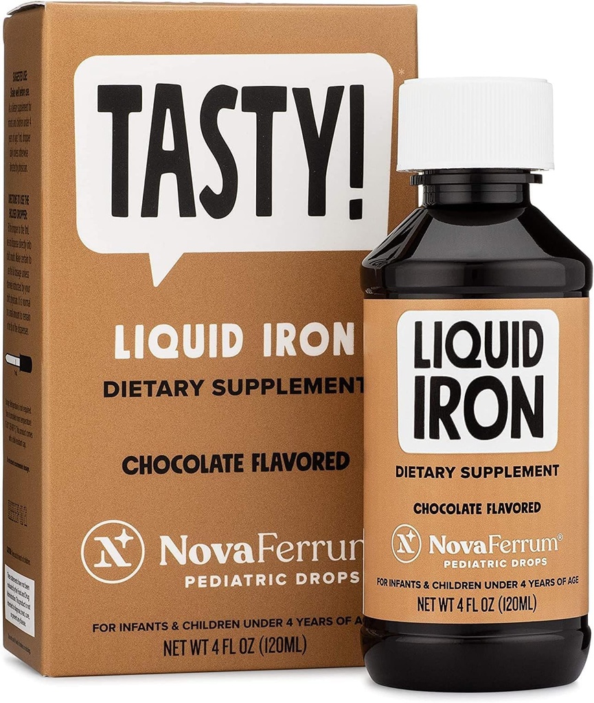 NovaFerrum Tasty □ Drops Pediátricos Liquid Iron Supplement for Infantils, Toddlers & Kids 15mg of Iron Per 1mL Dose □ Idades 4 & Sob □ Gluten Free □ Açúcar Grátis □ Chocolate Flavored □ 120 Servings