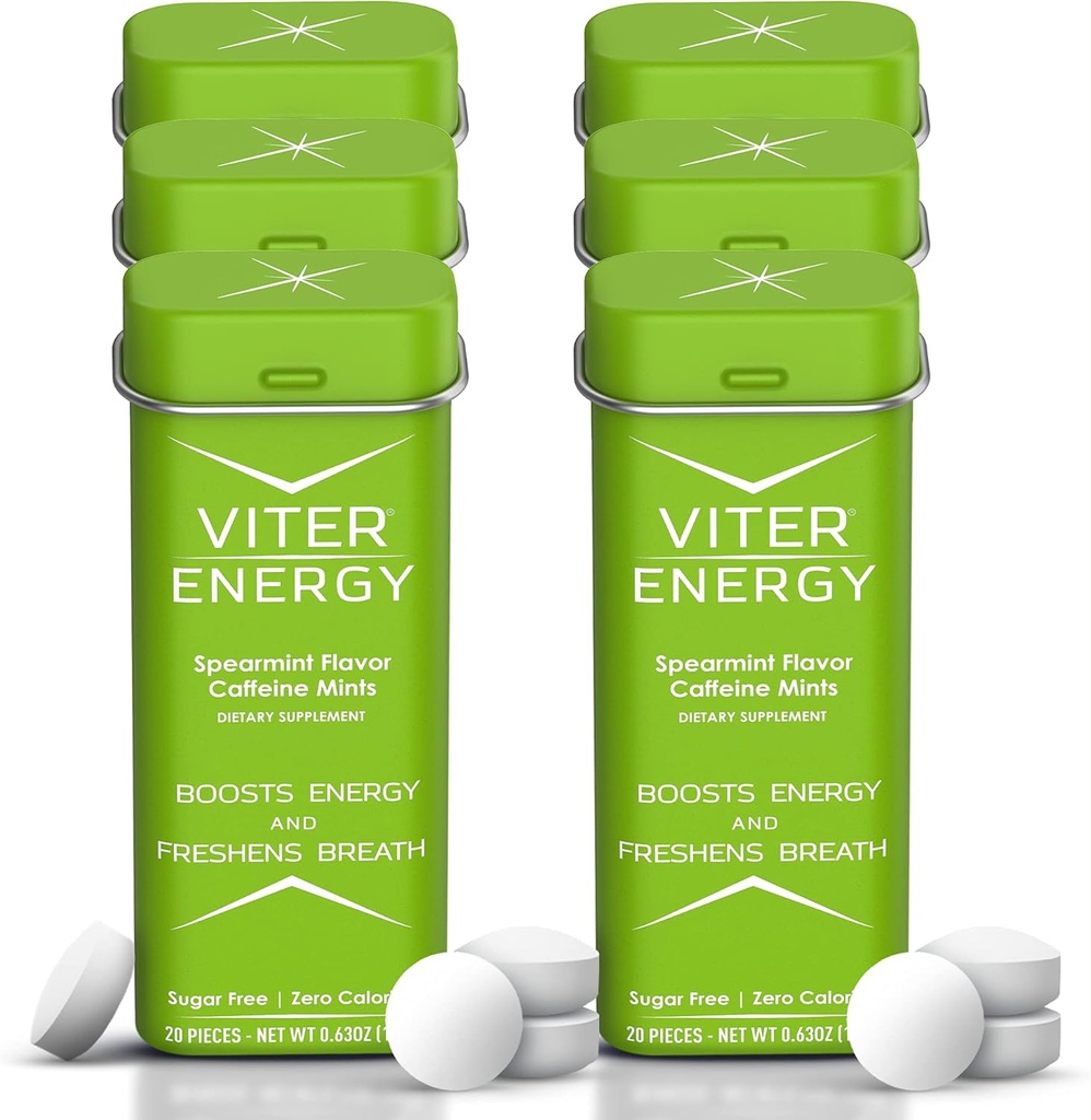 Viter Energy 40mg Caffeine Mints - Açúcar livre, B Vitaminas, Vegan, Boosts rápido energetizado alerta foco, comprimidos nootrópicos cafeínados (Spearmint Flavor, 20pcs, 6 Pack, 120pcs Total)