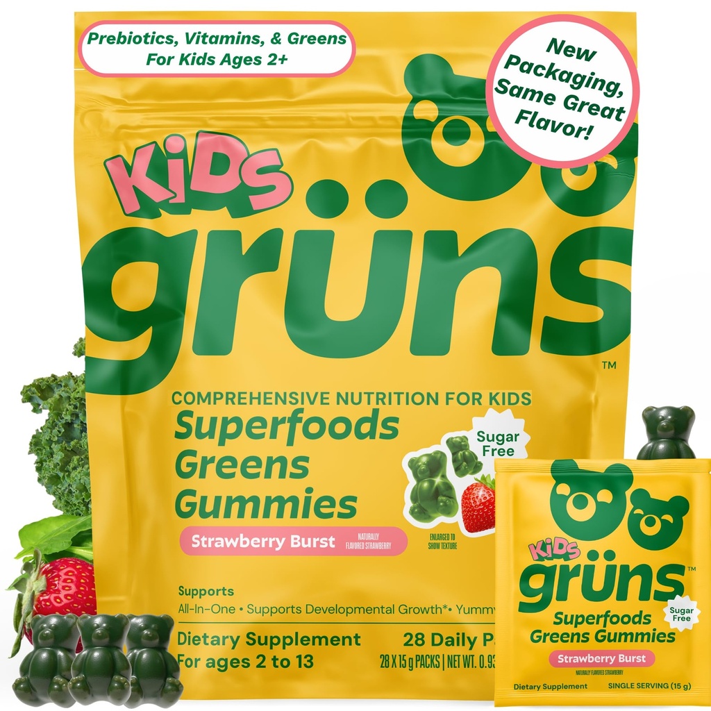 Gruns Multivitamin para crianças, Super Greens Gummies, Superfood Gummy Bears com 20+ Vitaminas e Minerais, espirulina, chlorela, Prebióticos Fibra para a Saúde Digestiva, Suplemento Adaptogen, 28 dias de fornecimento