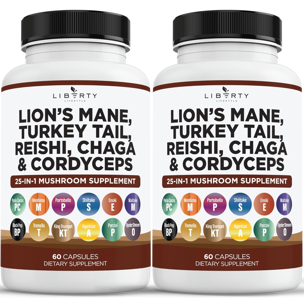 Leões Mane Mushroom Suplemento com Turquia cauda Reishi Cordyceps Chaga com Marshmallow Root - 2-Pack