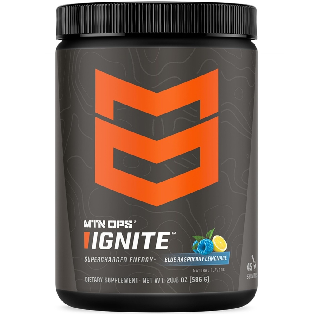 MTN OPS Ignite Energy Drink Powder, Gluten Free Nootropic Supplement Drink Mix, L Arginina, L Citrulina, Cafeína & Nootropic Sugar Free Drink Mix, 45 Servings, Limonada de framboesa Azul