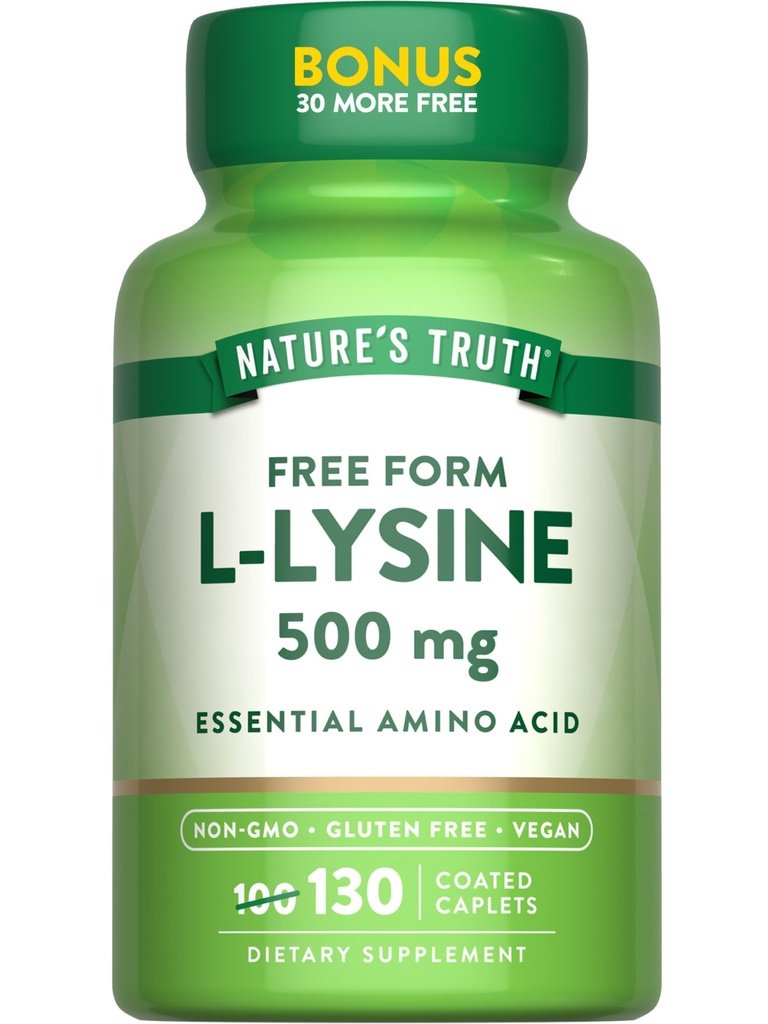 Nature's Truth L-Lysine 500mg □ 130 Caplets revestidos □ Forma livre □ Essential Amino Acide Vegan, Non-GMO, & Suplemento sem glúten
