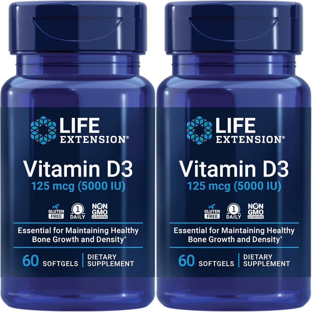 Extensão de vida Vitamina D3 125 Mcg (5000 Iu) – Promove a saúde óssea, saúde cerebral e função imunológica – Não-GMO – Gluten-Free – Dois Pack – 2 x 60 Softgels