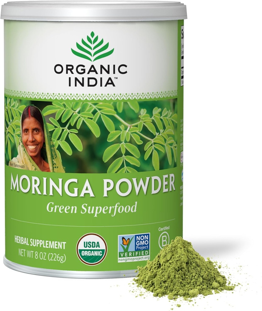 ÓRGÂNICA ÍNDIA Moringa Pó - Moringa Oleifera Leaf Herbal Supplement, Green Superfood, Nutriente Densa, Pura proteína vegetal, Vitamina A, E, K, Ferro, Cálcio, Fibra, Vegan, USDA Certified Organic - 8 onças
