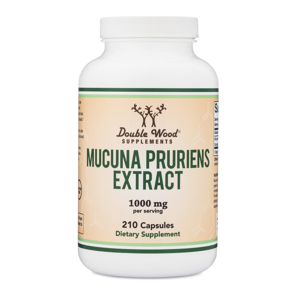Mucuna Pruriens Extract Capsules - Dopamine Boosting Supplement - 210 Count, 1000mg Per Serving, 20% (do Velvet Bean) (para apoio ao humor e motivação) Terceiro partido testado por madeira dupla