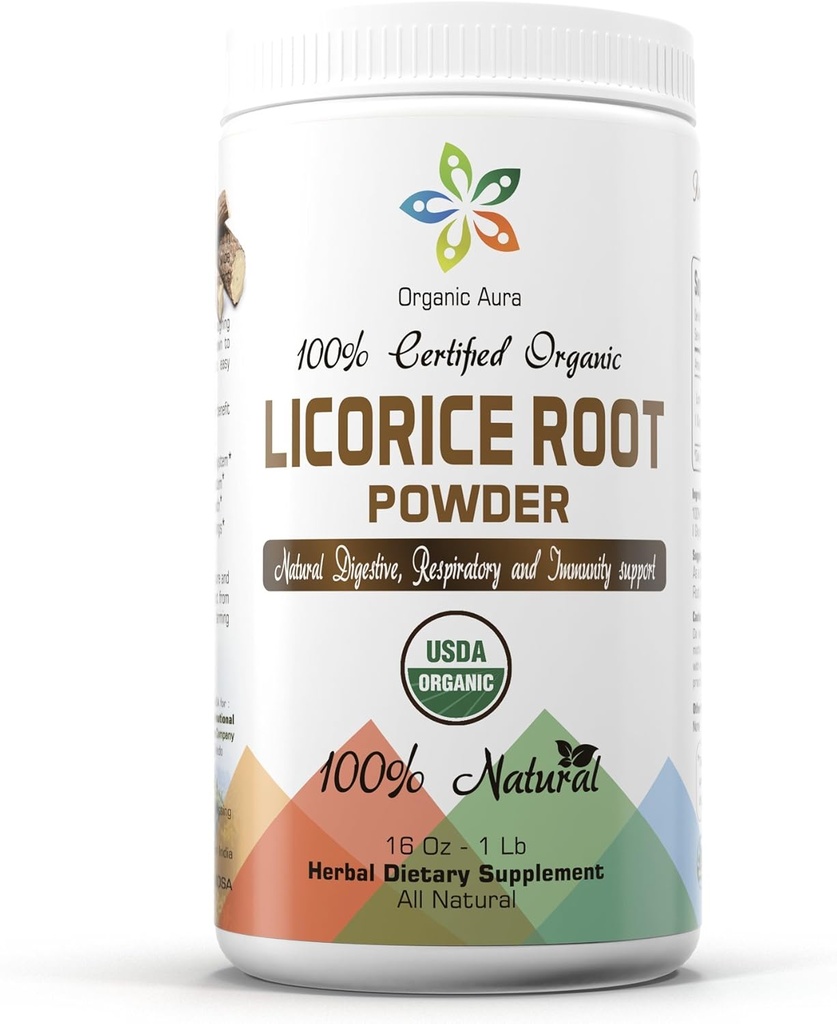 Orgânico Aura Licorice Root Powder 16Oz -1Lb. Suporte Digestivo Natural e Imune. Aumenta a Saúde Global. 100% natural e cru Superfood Suplemento. Nada de OGM. Sem glúten.