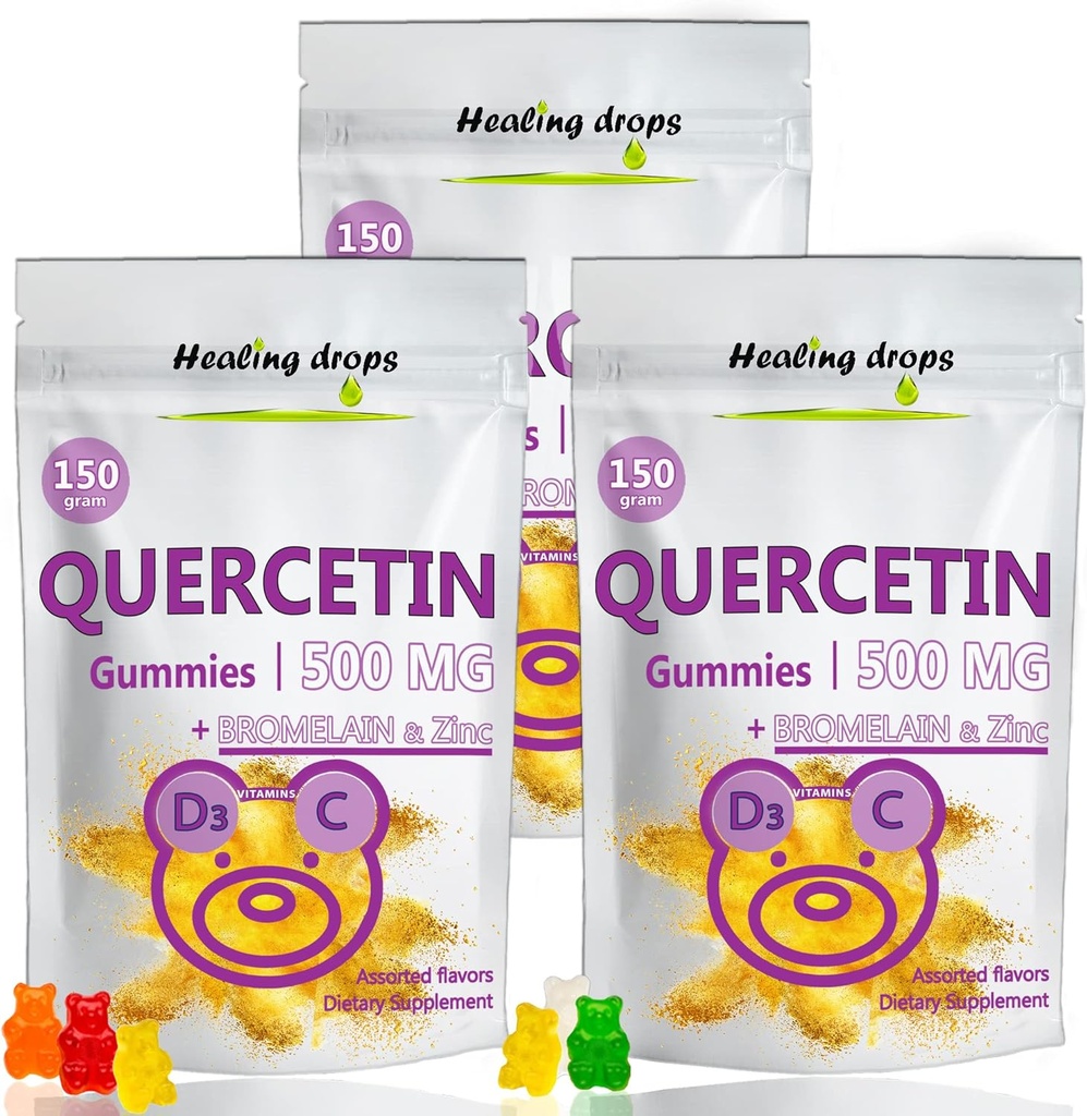 Quercetina com gomas de bromelaína - Vitamina C + Zinco + Vitamina D3 - Quercetina 500mg gomas para crianças e adultos (3 embalagens)