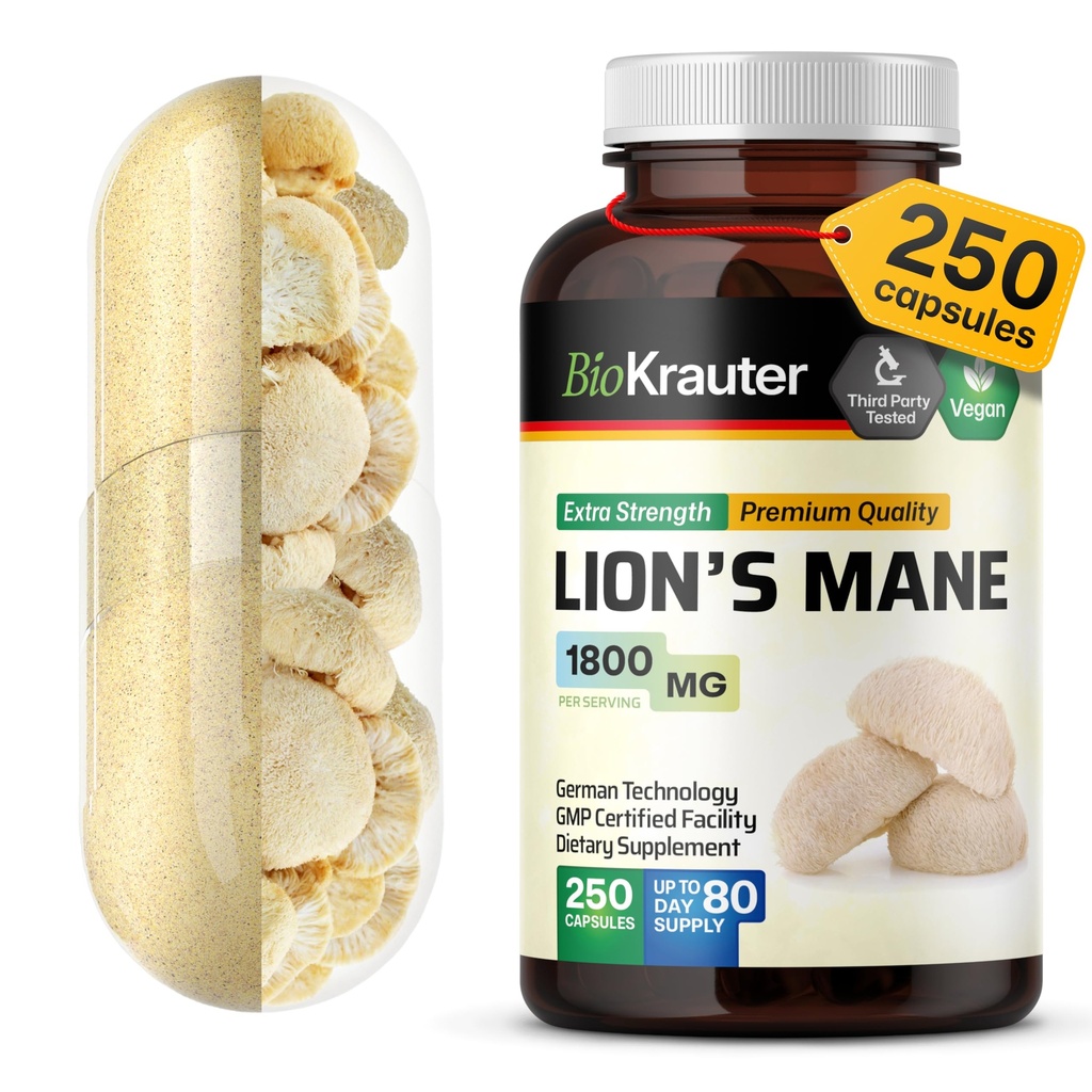 BIO KRAUTER Lions Mane Supplement Cápsulas 1800 mg - 250 Conde - Vegan Lions Mane Powder Supplement for Brain Support - 3 Month Supply - No Fillers