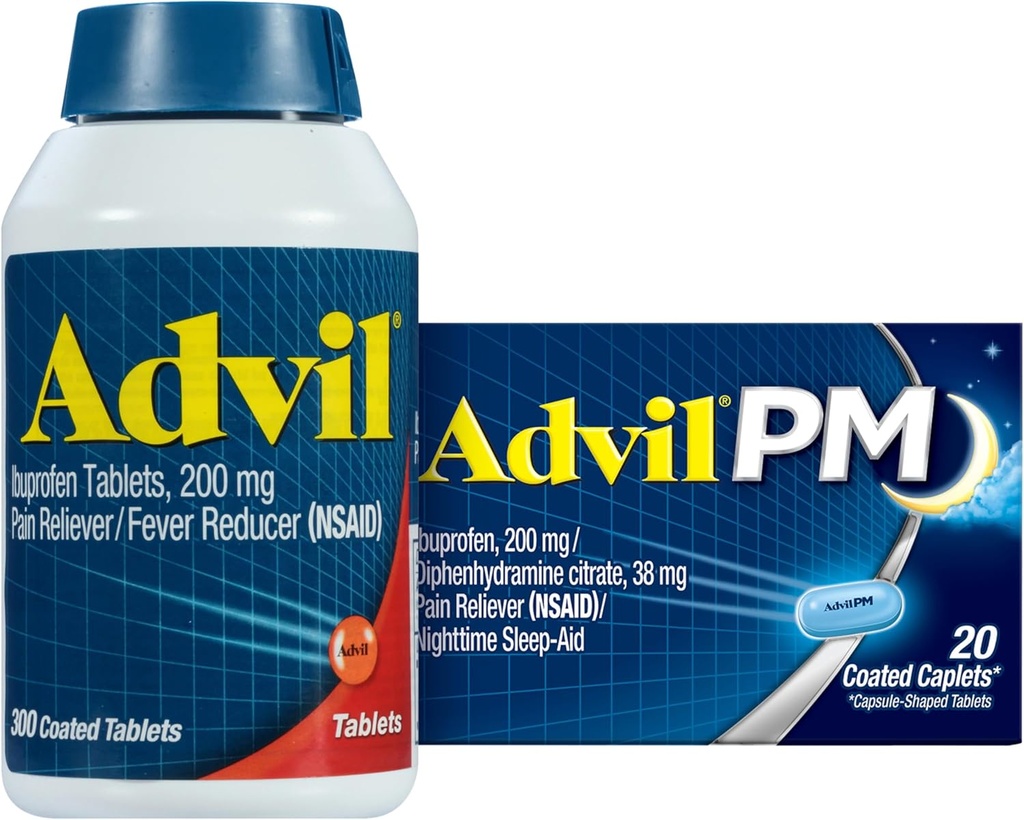 Advil Pain Reliever e Redutor de Febre, Ibuprofeno 200mg para alívio da dor - 300 Conde, Advil PM Pain Reliever e Nighttime Sleep Aid, Ibuprofeno para alívio da dor e Citrato de Difenidramina - 20 Conde