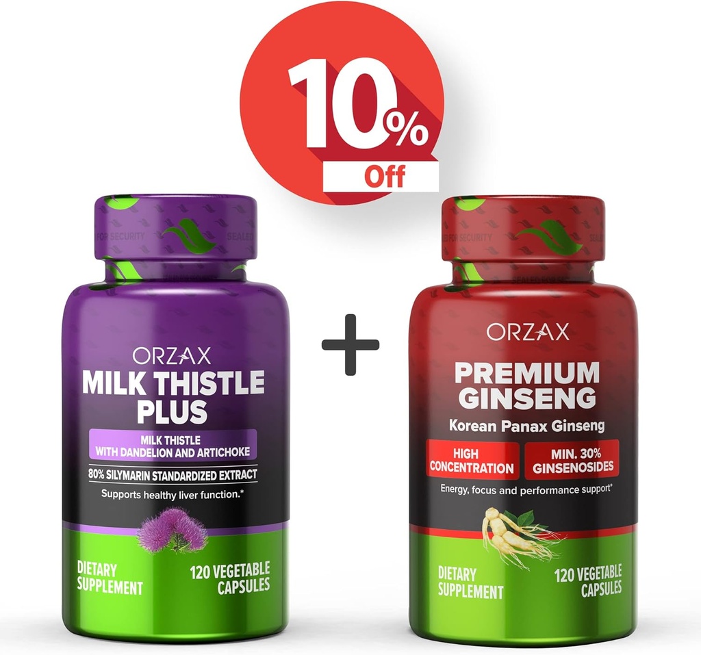 Orzax Milk Thistle Plus 120 cápsulas Vegatable e Premium Ginseng 120 cápsulas Vegatable, pacote