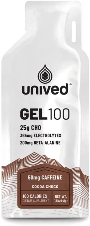 Unived Gel 100 - Vegan Gel Energia para Endurance Atletas Corredores & Ciclistas - 100kcal - Cocoa Choco - 50mg Cafeína - Pacote de 6