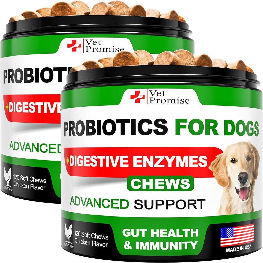(2 Pack) Probióticos para cães - Probióticos do cão e Enzimas Digestivas para Gut Saúde, Pele Comichão, Alergias, Imunidade, Balanço Leveso - Prebióticos - Reduzir Diarréia, Gás - 240 Mastigações Probiótico para cães