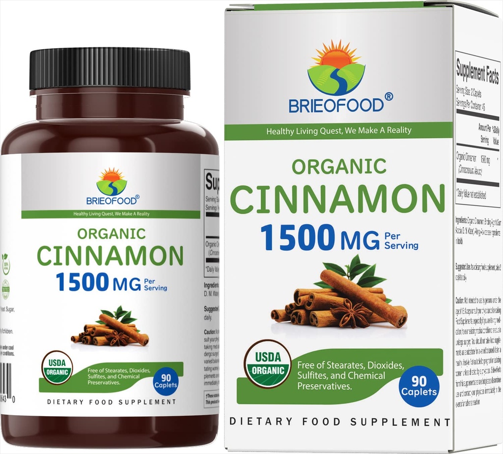 Brieofood Canela Orgânica 1500mg, 45 Servings, Vegetarian, Gluten Free, 90 Comprimidos Vegetarianos