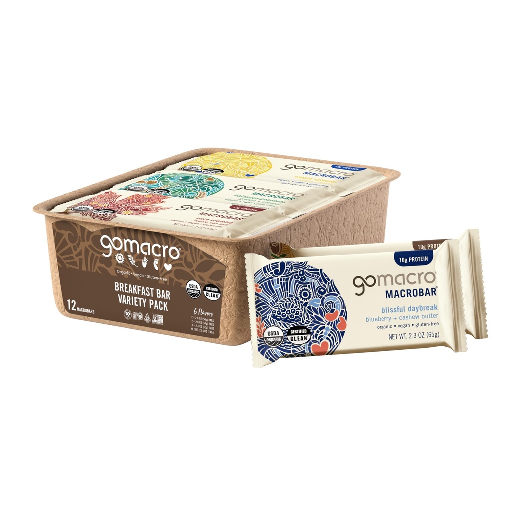 GoMacro Macrobar Orgânico Vegan Protein Bares, Café da manhã Variety Pack, 12 Contagem