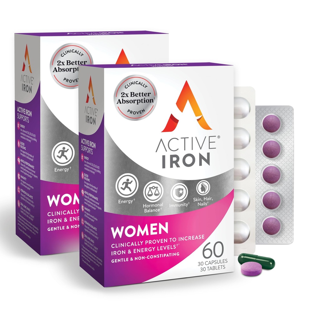 Suplemento de ferro ativo 25mg + Multivitamin para as mulheres – clinicamente comprovada para aumentar a energia e reduzir o cansaço – ferro suave, não constipante + multivitamin feminino – 60 cápsulas + 60 comprimidos