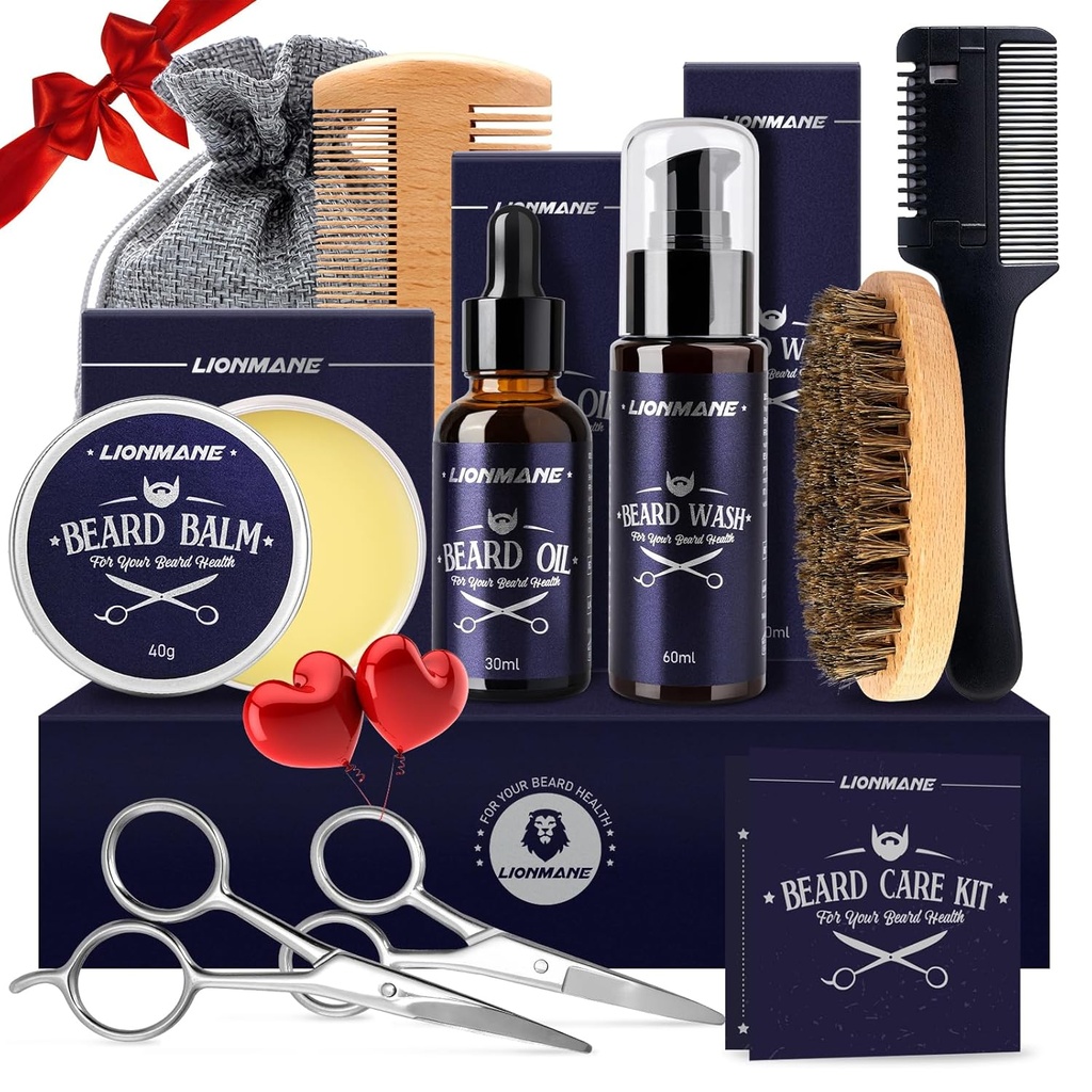Lionmane Beard Care Kit de presentes de Natal para homens, Bigode Barba Balm Kit-Beard, Lavagem de barba, Óleo de barba, Escova, Tesoura, Aniversário de aniversário Presentes de Ação de Graças para marido / namorado / pai / ele