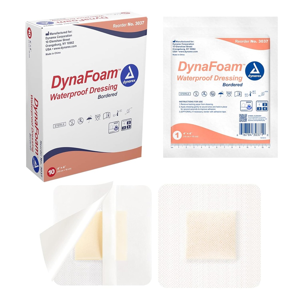 Dynarex Dynafoam Waterproofed Adhesive Foam Wound Dressing Bandage, 4" x 4", 10 Conde