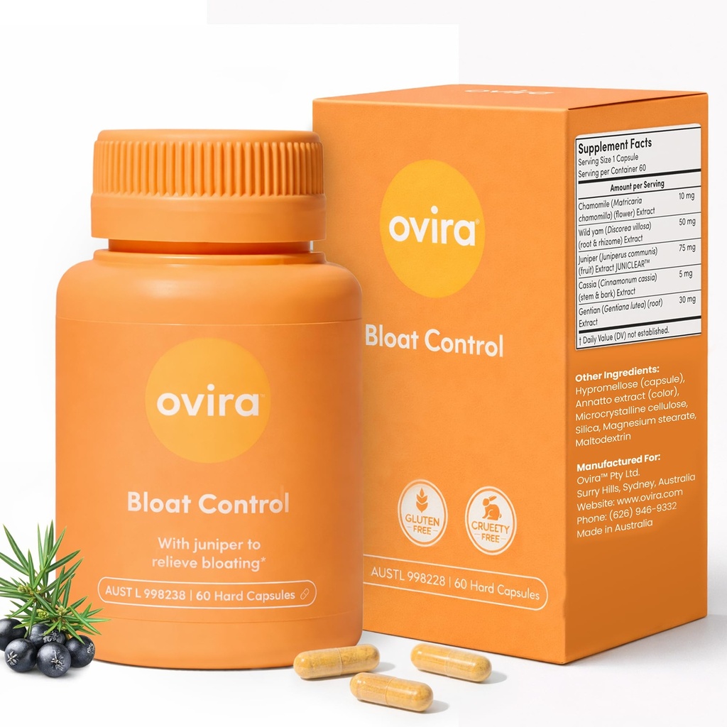 Ovira Bloat Control Supplement with JUNICLEAR - 60 Cápsulas para Gás e Bloating Alívio □ Depleção Efetiva para Mulheres e Homens □ Ajuda a Retenção de Água & Promove a Saúde Digestiva - Pacote de 1