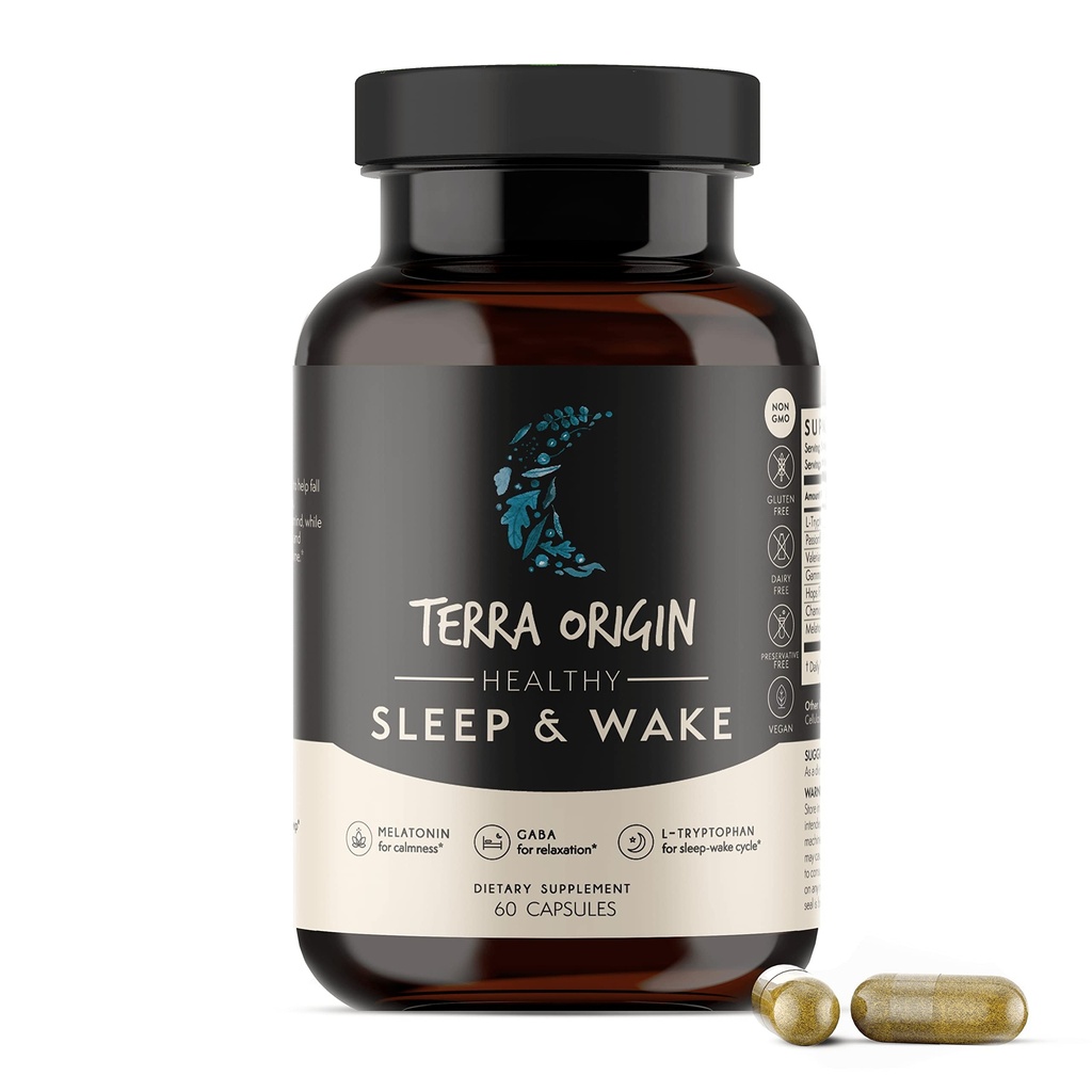 TERRA ORIGIN Sono Saudável e Acordar O Suplemento de Ajuda ao Sono Natural para Adultos O Restful e Despertar Refrescado O GABA, L-Triptofano, Melatonina, Camomila, Valeriana, PassionFlower OL 60 Cápsulas