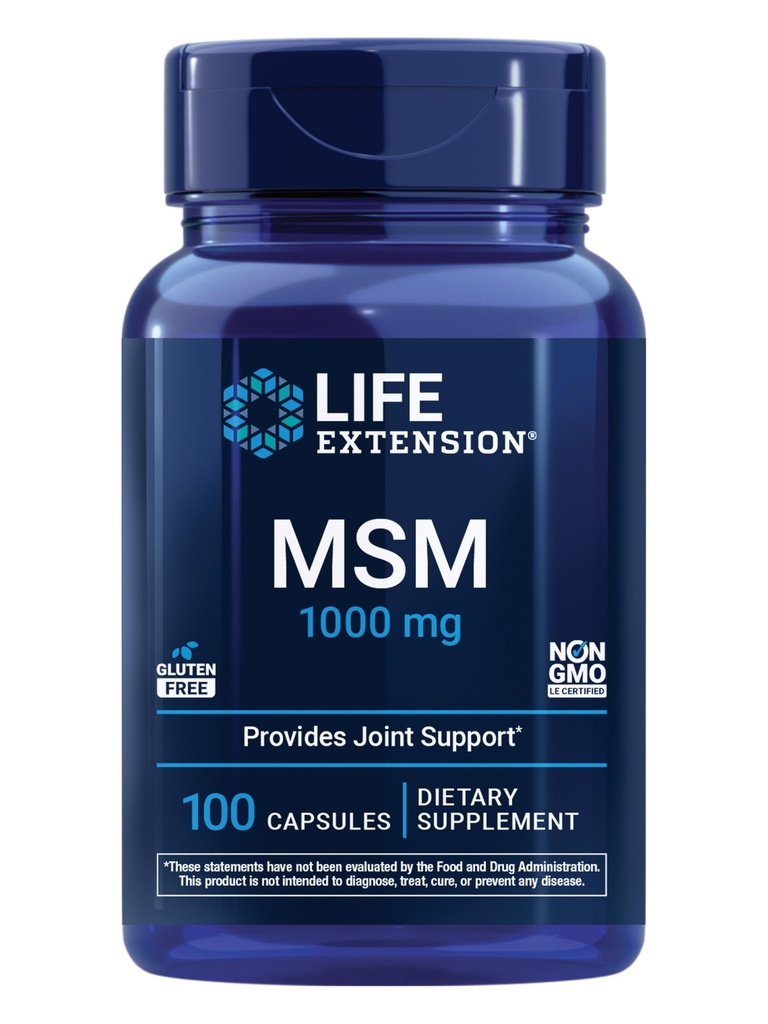 Extensão de vida MSM, 1000 mg, metilsulfonilmetano, Suporta articulações saudáveis, suporte antioxidante, sem glúten, não-GMO, 100 cápsulas