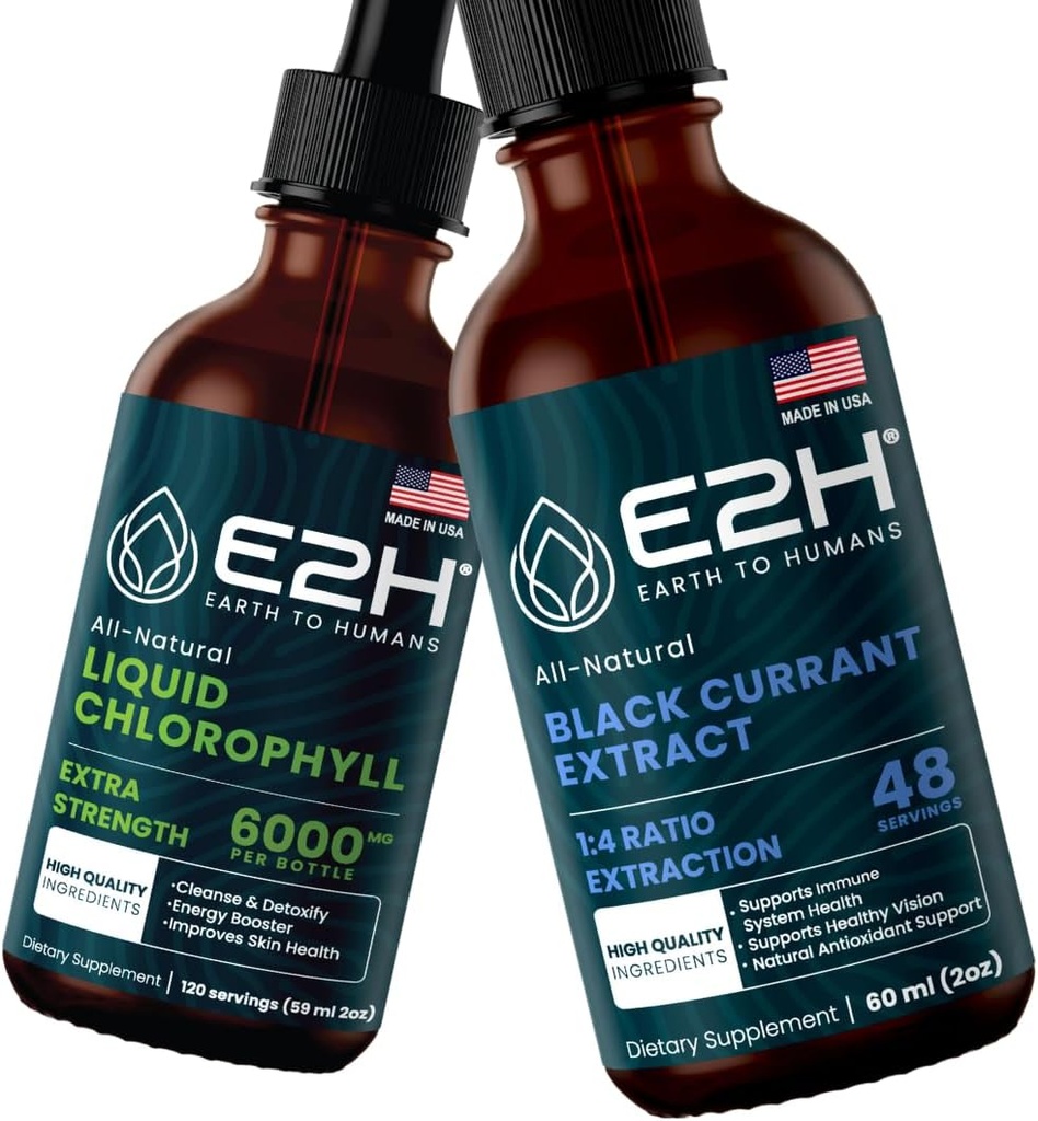 E2H: Clorofila Líquida e Extrato de Groselha Negra Natural □ Vegan, Não-GMO - 2 Fl Oz Cada (4 Fl Oz Total) - Pacote