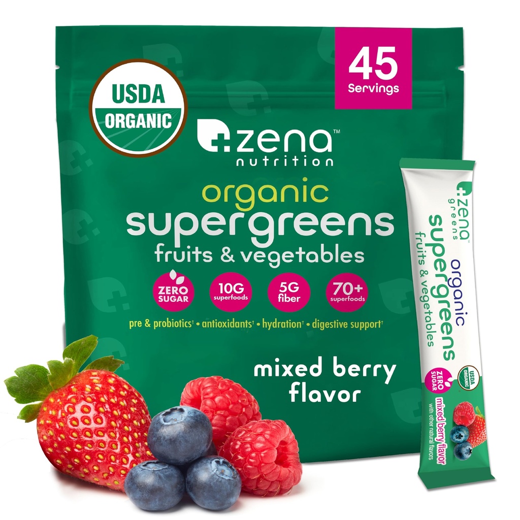 Zena Nutrition Orgânico Super Verdes Pó, 70+ Superalimentos, 0 Açúcar, 5G Fibra, espirulina, chlorela, antioxidantes, prebióticos/probióticos, enzimas digestivas, Berry misto, 45 pacotes de mistura de bebida