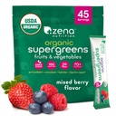 Zena Nutrition Orgânico Super Verdes Pó, 70+ Superalimentos, 0 Açúcar, 5G Fibra, espirulina, chlorela, antioxidantes, prebióticos/probióticos, enzimas digestivas, Berry misto, 45 pacotes de mistura de bebida
