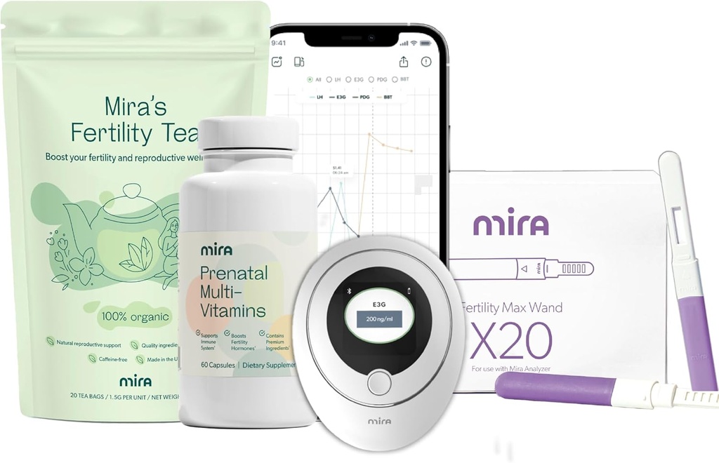 Pacote de gravidez Mira para tentar conceber, fertilidade digital e kit de ovulação com 20 varinhas de teste Max, 1 garrafa de Mira Multivitamins pré-natal (60 cápsulas), & 1 saco de chá de fertilidade (20 sacos de chá)
