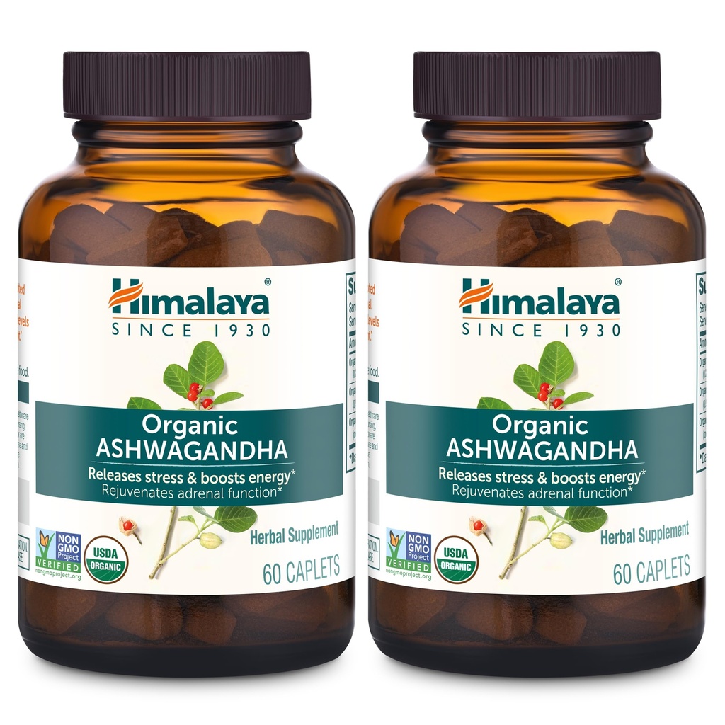 Himalaia Organic Ashwagandha, Fornecimento de 120 dias, Suplemento de ervas para alívio de estresse, Suporte Energético, Descanso Ocasional, USDA Organic, Non-GMO, Vegan, Gluten Free, 670 mg, 60 Caplets, 2 Pack