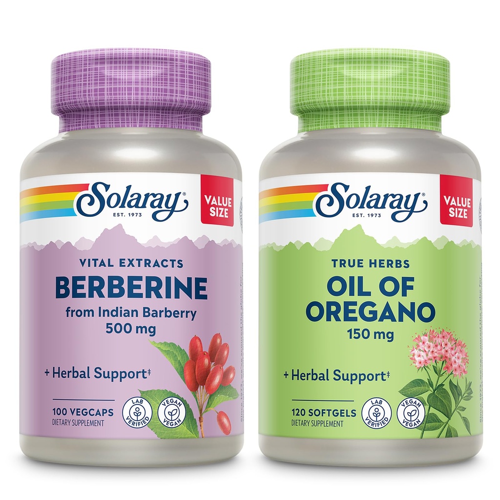 SOLARAY Berberine e óleo de Orégano Bundle - Berberine HCl de Indian Barberry Plus Orégano Oil Supplement for Powerful Wellness Support - 100 VegCaps / 120 Softgels