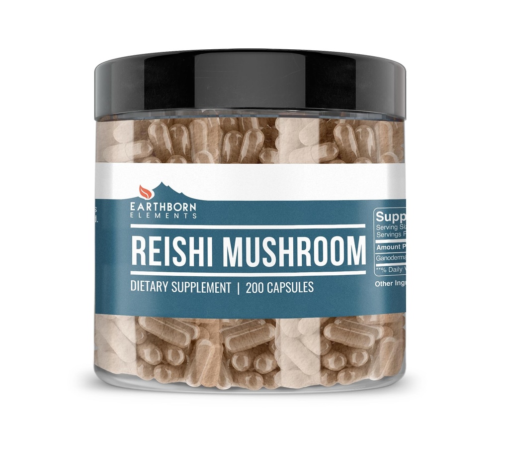 Elementos nascidos da Terra Reishi Mushroom 200 Cápsulas, Puro e não diluído, Sem aditivos