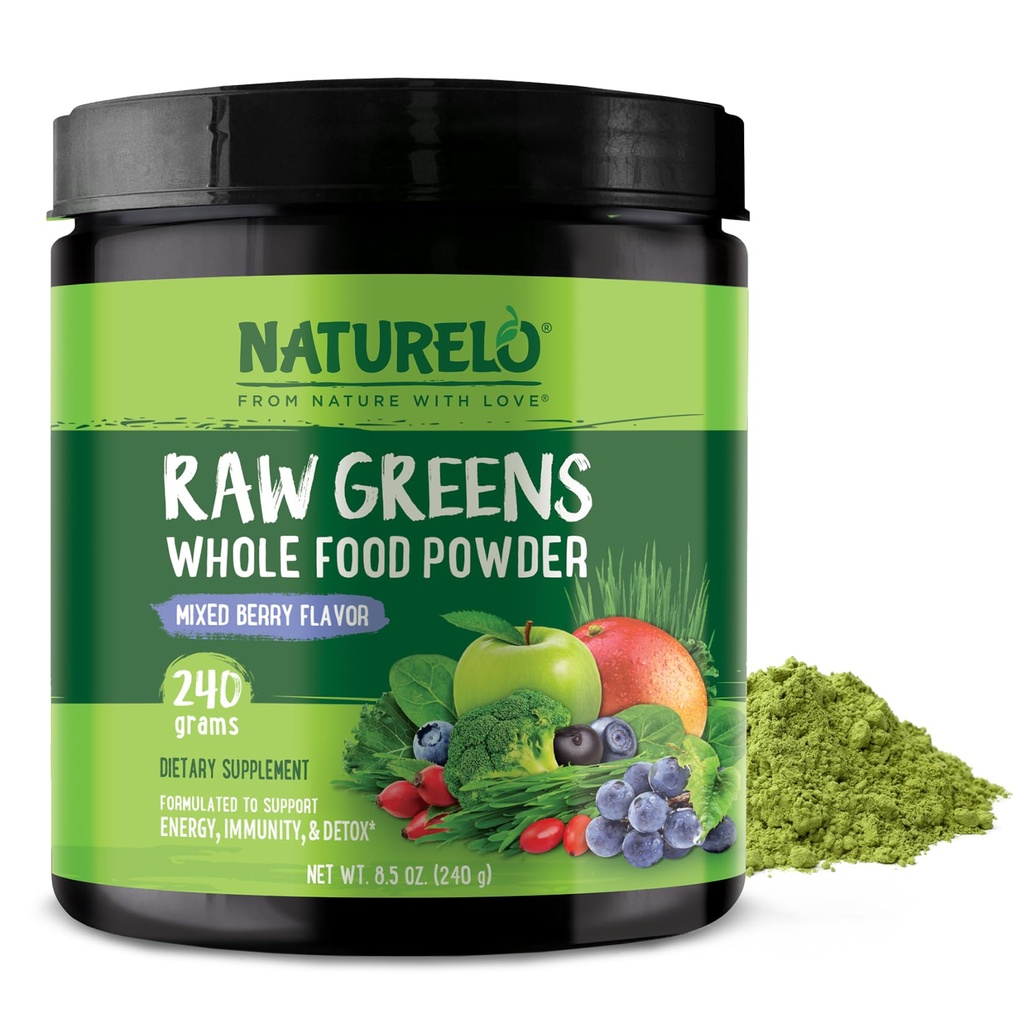 NATURELO Verdes crus Superfood Powder 240 Grams, Berry misto - Suporta energia, imunidade e detox - Inclui espirulina, grama de trigo e verdes orgânicos para alimentação integral