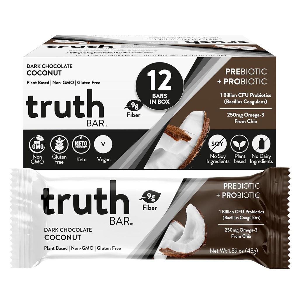 Truth Bar Lanche saudável, Omega 3 de Chia, Planta à base de, Prebióticos & Probióticos, Alta fibra, Baixo açúcar, Keto, Kosher, Chocolate escuro, Vegan, Glúten livre, 12 Ct, 45g ea.