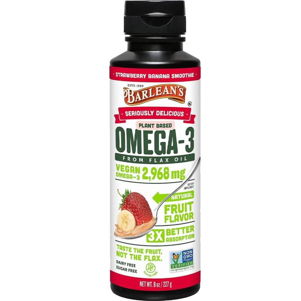 Óleo de semente de banana de morango de Barlean, Vegan Omega 3 6 9 Suplementos para crianças e adultos de óleo de semente de linho prensado frio com 2,968 mg de Vegan Omegas, Não-GMO & Gluten Free, 8 onças