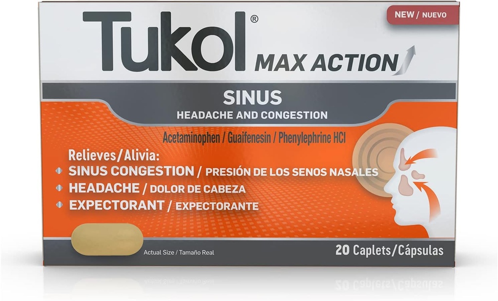 Tukol Max Action Sinus, Congestion & Pressure Caplets for Dor, Relief Cefaleia, Expectorant, Non-Drowsy, 20 Count