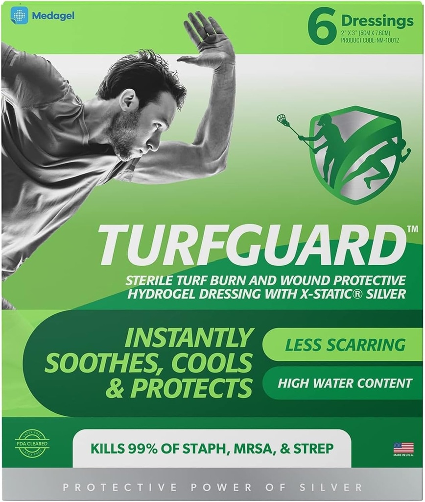 TURFGUARD Dressing Turf Dressing Hydrogel com prata X-Static – Alivio de resfriamento, FDA Cleared, Proteção Antimicrobiana, & Moist Healing Patch for Burns & Wounds, 2" x 3" Dressings, 6 Pack, by Medagel