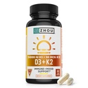 Zhou D3+K2 - Suplemento Vitamina D3 K2 para Mulheres e Homens, Suplementos Imune Support Vit D3 e K2, Fórmula Vegetariana Pura com 5000 UI de D3 e MK-7 - 60 Cápsulas Veggie (Pacote de 1)