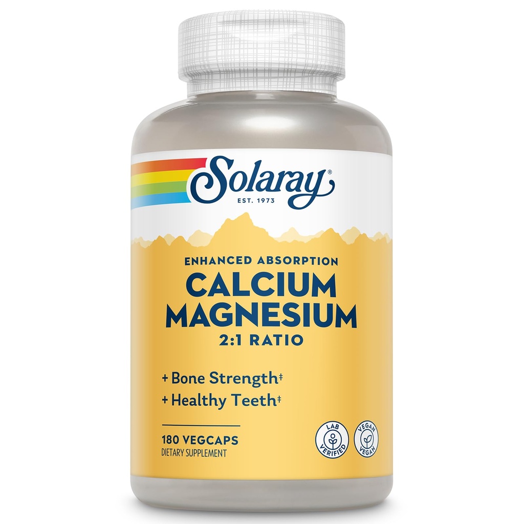 SOLARAY Suplemento de magnésio de cálcio, Magnésio e Suplementos de cálcio para mulheres e homens, 2:1 Razão, Saúde óssea e força, Vegan, alta absorção, garantia de 60 dias, 45 Servings, 180 VegCaps