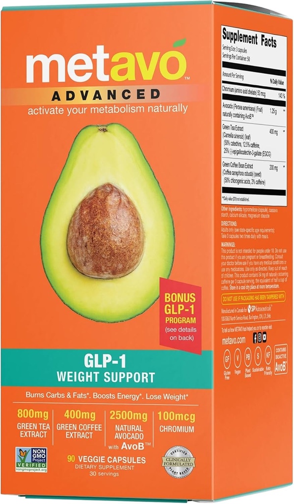 Metavo Suporte de Peso Avançado – Suplementos de Dieta Natural com Nutrientes Essenciais para Promoção do Bem-Estar, Enriquecido com Abacates, Chá Verde, Chromium & Café Verde, 90 Pílulas Dietas Fácil de Lavar