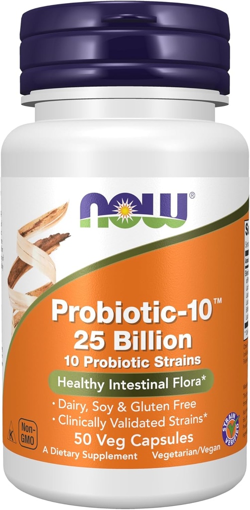 Now Foods Supplements, Probiotic-10TM, 25 bilhões, com 10 Probiótico Strains, Dairy, Soy e Gluten Free, Strain Verified, 50 Veg Cápsulas