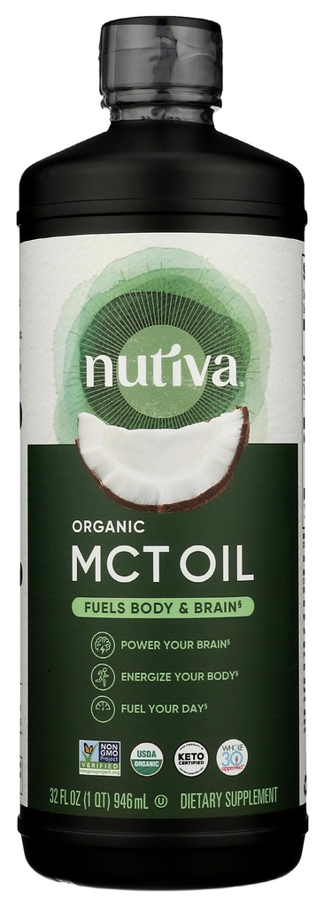 MCT Orgânico Nutiva Óleo, Sem sabor, 32 Oz, USDA Orgânico, Não-GMO, Não-BPA, Todo 30 Aprovado, Vegan, Gluten-Free & Keto, 14g MCT por serviço e sabor neutro para aumentar a energia para café, batidos e saladas