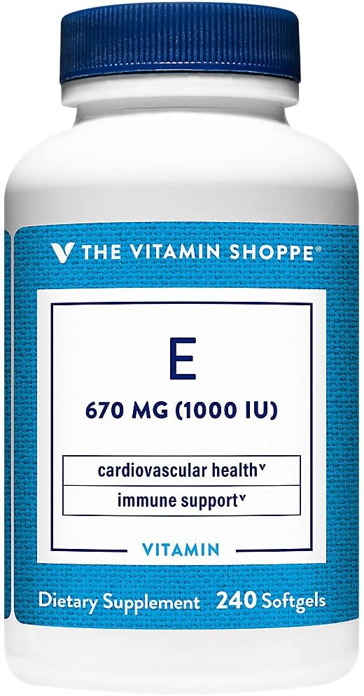 Vitamina Shoppe Vitamina E 1.000UI - Fonte Natural, Suporta Sistema Cardiovascular Saudável, Saúde Imune & Saúde Ocular - Uma vez diariamente (240 Softgels)