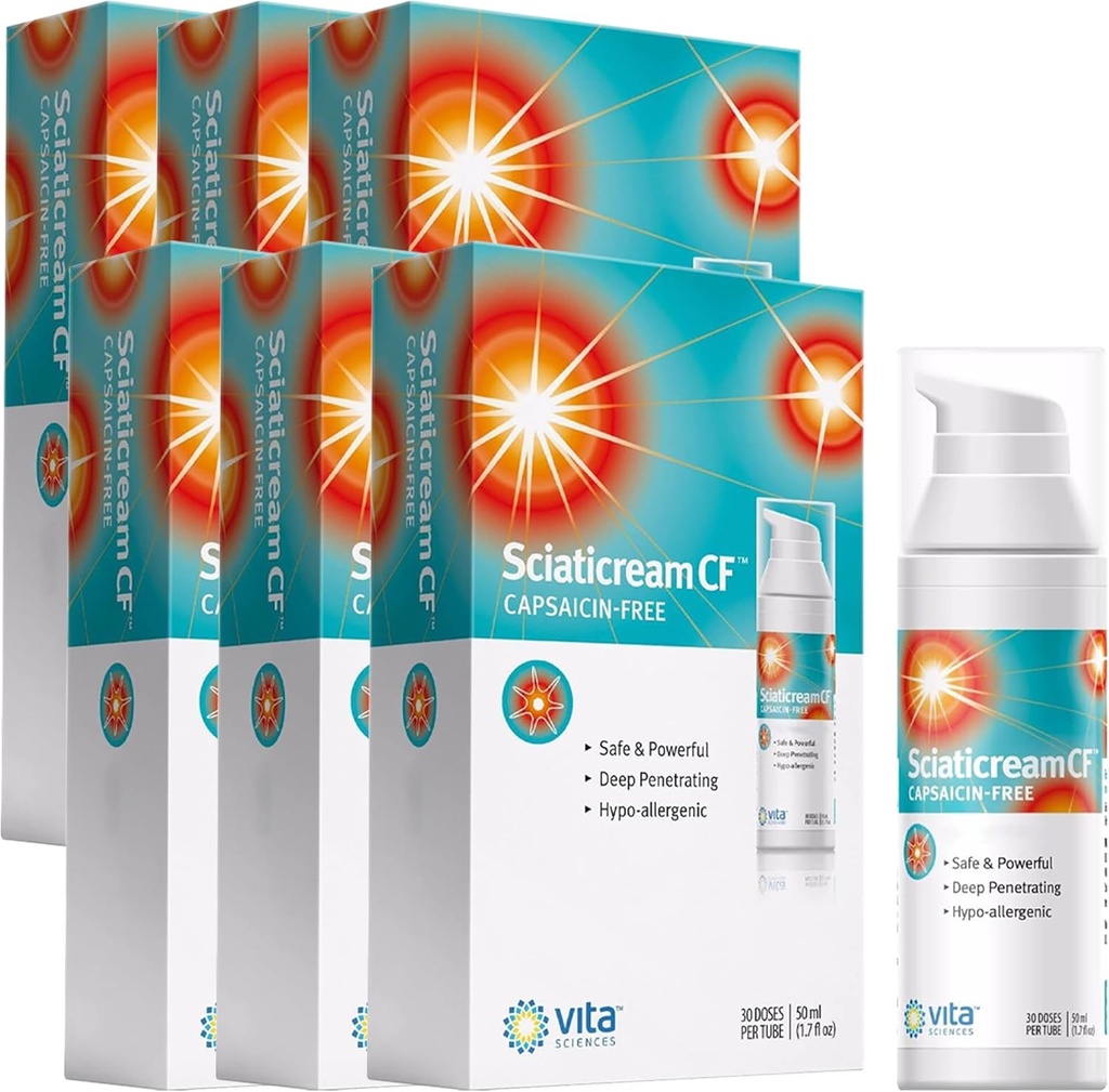 Vita Sciences Sciaticream CF: Creme calmante rápido para nervos ciáticos com Arnica, B1, B5, B6, HSH, Aloe e base de óleo de coco. Fórmula calmante de ação rápida - pacote de 6