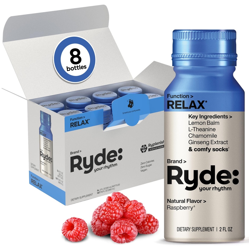 Ryde: Relaxar Tiro de framboesa sabor de limão, L-Theanina, Ginseng & Camomila , 0 Calorias, 0 Açúcar , 2 FL OZ Shots , Ajuda você a relaxar * (8 Pack)