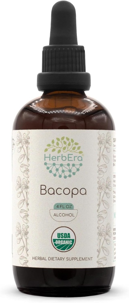 HerbEra Bacopa A120 USDA Tintura Orgânica Extrato de Álcool, Drops de Ervas de Alta Potência, Relaxamento, Efeito Cognitivo Positivo