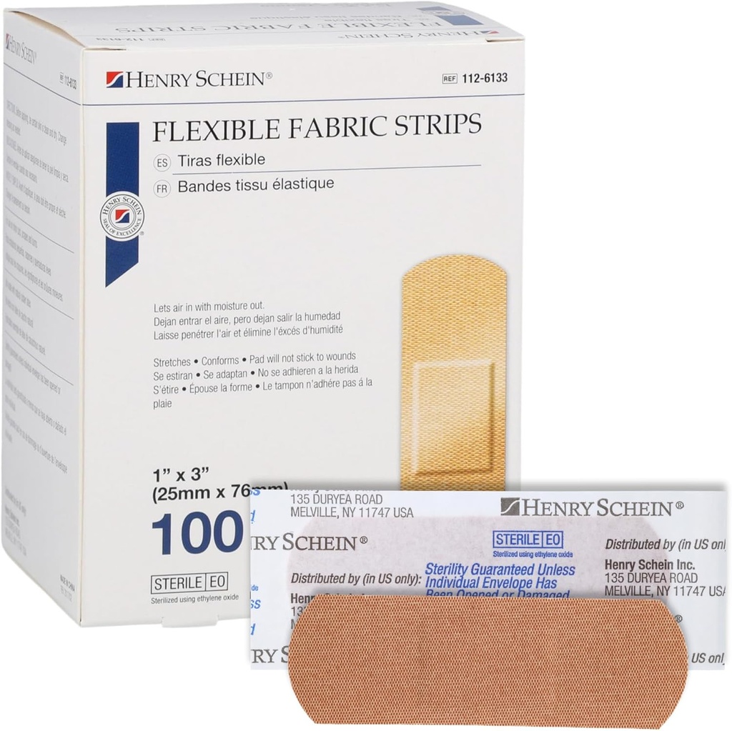 Henry Schein Bandages de tecido adesivo estéril, 1" x 3" – Caixa de 100 tiras flexíveis, respiráveis – Capas macias, estiráveis da ferida para primeiros socorros, uso médico, clínicas e kits de emergência
