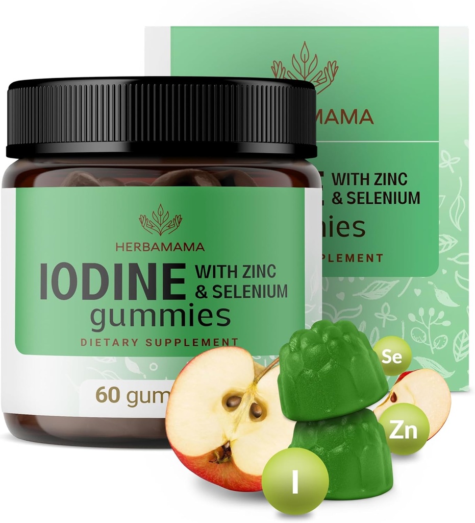 Gummies de Iodo de HERBAMA - Iodo de Potássio, Zinco e Selênio para Defesa Imune & Suporte Cérebro - Vegan, Suplemento de Suporte Imune Não-GMO - 60 Pectina-Baseado Maçã-Flavored Chews